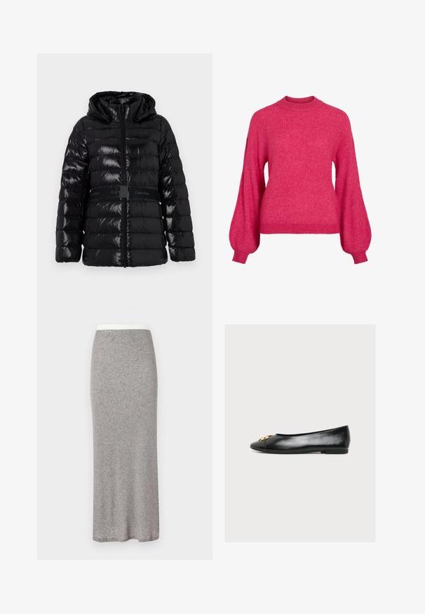 Puffjakke i blank sort med hætte, der har vandrette quiltede linjer og et sort bælte med "Calvin Klein" logoet ved taljen.; Rosa strikket sweater med rund halsudskæring, lange puffærmer og ribbet tekstur. Casual design og figursyet ved taljen.; Grå, gulvlange strikkede nederdel med blød tekstur og tilpasset talje. Enkel design, uden synlige mønstre eller hardware.; Sort læderflad sko med spids tå og gylden dekorativ detalje på forsiden, vist i venstre profil mod en ensfarvet baggrund.