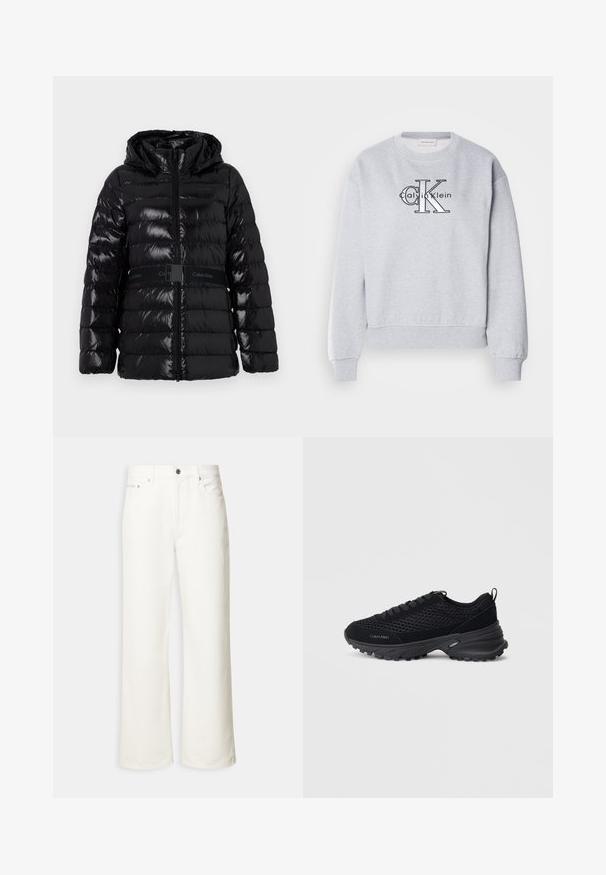 Läikiv must puffjakkk, millel on kapuuts, horisontaalsed tikandid ja must vöö, millel on "Calvin Klein" logo vöökohal.; Hallhallane sweatshirt ümarate kaeluse ja soonikuga varrukatega, mille esiküljel on silmapaistvalt väljendatud "Calvin Klein" logo ja "CK" graafika.; Valged laiade säärtega teksad ees nööbiga, vööaasade ja viie tasku disainiga.; Mustad mustad spordijalatsid võrkmaterjalist pealmise, nahast detailide, paelte abil kinni tõmbamise ja tekstuuriga turske tallaga, mis tagab haarduvuse. "Calvin Klein" logo on nähtav.