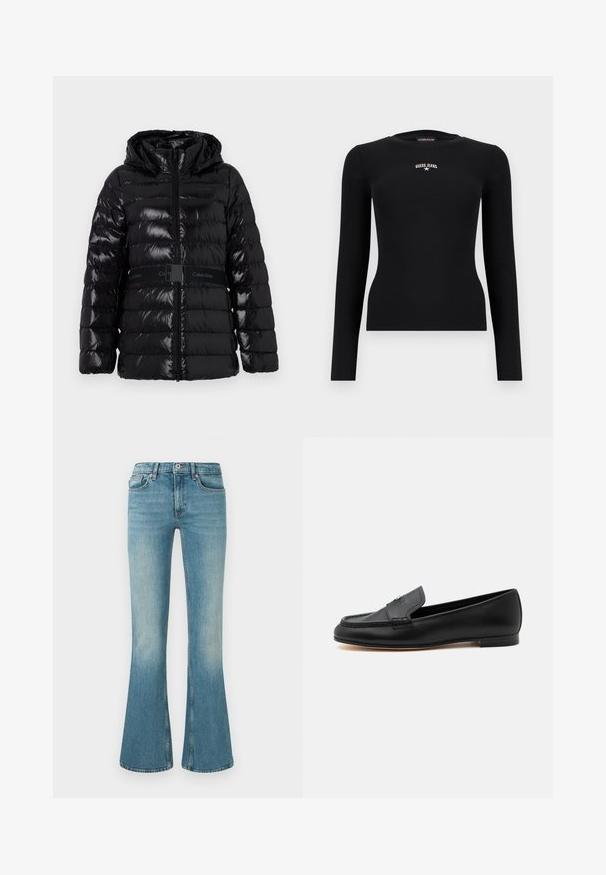 Läikiv must puffjakkk, millel on kapuuts, horisontaalsed tikandid ja must vöö, millel on "Calvin Klein" logo vöökohal.; Must pikkade varrukatega vormis soonikkoes särk ümar kaelusega ja väike valge "GUESS JEANS" logo rinnal keskel.; Puhvustavad sinised teksapüksid heleda pesu, viie tasku, õmblustega detailide ja nööbi ning tõmbluku kinnitusega vöökohaga.; Mustast nahast madala kontsaga loafer, õmblustega detailid ja väike metallist aksent pealmisel osal.