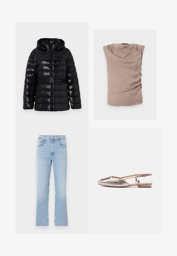 Abrigo tipo acolchado en negro brillante con capucha, con líneas de acolchado horizontales y un cinturón negro con el logotipo "Calvin Klein" en la cintura.; Blusa sin mangas color topo con cuello drapeado y suaves fruncidos en un lado, confeccionada en un tejido liso y ligero.; Jeans de mezclilla azul claro con un diseño de pierna recta, cintura alta y un ligero desgaste. Presenta el clásico estilo de cinco bolsillos y una cremallera en la bragueta.; Zapato plano de mujer entrelazado, de color plateado metálico, con tacón bajo y hebilla ajustable en la correa del tobillo.