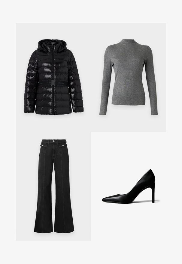 Läikiv must puffjakkk, millel on kapuuts, horisontaalsed tikandid ja must vöö, millel on "Calvin Klein" logo vöökohal.; Hallhalli halli turtleneck-särk, mis on valmistatud pehmest, venivast kangast, omab sileda tekstuuri ja kitsast lõiget. Ei ole nähtavaid mustreid ega aktsente.; Mustad denim flared teksad kõrge vöökohaga, millel on kaks esimist taskut, hõbedatooni riistvara ja nähtavad õmblused ees.; Mustast nahast terava ninaga kõrge kontsaga king, millel on peen tikk-konts, valgel taustal.