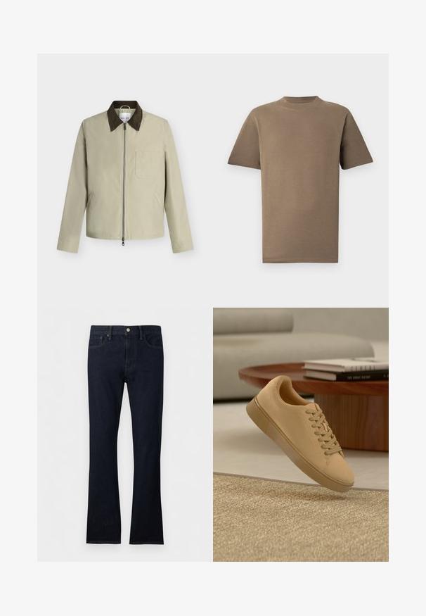 Veste beige avec col marron foncé, fermeture éclair frontale, poche poitrine et deux poches latérales, présentée sur un fond gris clair.; T-shirt en coton marron à manches courtes, col rond et coupe droite. Texture lisse, coutures minimales et pas de logos visibles.; Jean en denim bleu foncé à coupe droite avec bouton devant, braguette zippée, passants de ceinture et design cinq poches sur fond uni.; Baskets beiges à lacets flottant au-dessus d'un tapis texturé avec une table basse en bois et des livres empilés en arrière-plan flou.