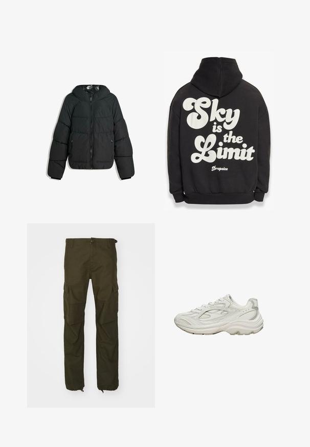 Puffige schwarze Jacke mit Kapuze, mit einem Reißverschluss vorne, elastischen Bündchen und einem glatten, glänzenden Innenfutter. Gestepptes Design für Isolierung.; Schwarzer Pullover mit Kapuze und großem weißen Text auf der Rückseite: "Der Himmel ist die Grenze" mit dem "Dropsize"-Logo darunter. Weicher Stoff, lässige Passform.; Olivgrüne Cargo-Hosen aus strapazierfähigem Stoff, mit einem Knopfverschluss, mehreren Seitentaschen und elastischen Bündchen an den Knöcheln.; Weißer Sneaker mit strukturiertem Obermaterial und klobiger Sohle. Merkmale sind geschwungene Linien, dezente graue Akzente und ein Schnürdesign.
