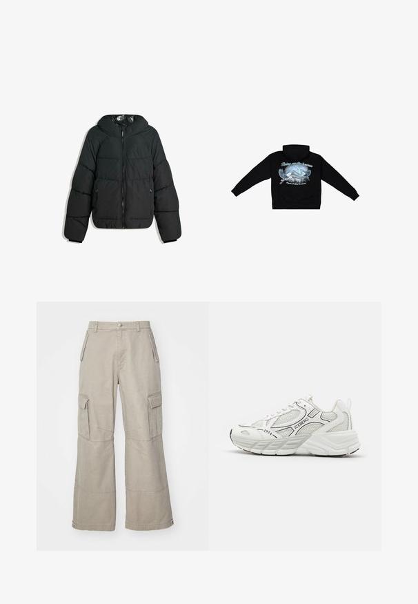 Puffet sort jakke med hætte, med lynlås foran, elastiske manchetter og en glat, blank inderside. Kviltet design for isolering.; Sort hætte sweatshirt med et grafisk print, der viser flyvende fugle og bjerge i blå, med teksten "Bring me the horizon" ovenfor.; Khaki cargo bukser lavet af bomuldsblanding, med brede ben, flere sidelommer og subtile syninger.; Hvide sportssko med mesh-paneler, teksturerede overlays, sorte accenter og en tyk sål. Indeholder mærkenavnet "ICEBERG" og året "1974."