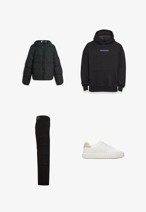 Puffet sort jakke med hætte, med lynlås foran, elastiske manchetter og en glat, blank inderside. Kviltet design for isolering.; Sort hætte sweatshirt lavet af en blanding af bomuldsstof. Har en frontlomme og et logo i blå og rød. Ribbekanter ved håndleddene og kanten.; Sorte cargobukser med flere store lommer med klap, bæltestropper og lige ben, vist fra siden.; Hvide sneakers lavet af glat læder med en tekstureret beige hælaccent, med runde snørebånd, et lavt profil design og en gummiydersål.