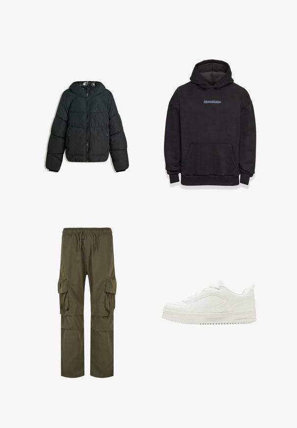 Puffet sort jakke med hætte, med lynlås foran, elastiske manchetter og en glat, blank inderside. Kviltet design for isolering.; Sort hætte sweatshirt lavet af en blanding af bomuldsstof. Har en frontlomme og et logo i blå og rød. Ribbekanter ved håndleddene og kanten.; Cargo bukser i olivengrøn med elastisk talje og snørelukning, flere sidelommer og en løs pasform med plisserede detaljer.; Hvid lavtop-sneaker med tyk sål, snørebånd foran og diskrete syninger som designdetaljer på den glatte overflade.