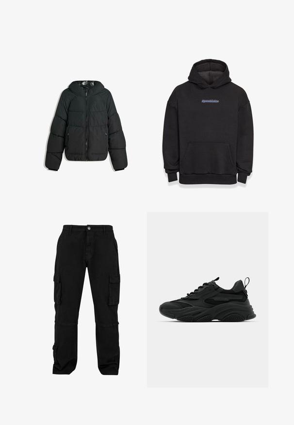 Puffet sort jakke med hætte, med lynlås foran, elastiske manchetter og en glat, blank inderside. Kviltet design for isolering.; Sort hætte sweatshirt lavet af en blanding af bomuldsstof. Har en frontlomme og et logo i blå og rød. Ribbekanter ved håndleddene og kanten.; Sorte cargo bukser lavet af slidstærkt stof. Har flere sidelommer, en afslappet pasform og syede detaljer. Klassisk design, der er velegnet til forskellige anvendelser.; Sorte atletiske sneakers med en kraftig sål, meshpaneler og gummidetaljer. Har en trækflap ved hælen og strukturerede mønstre.