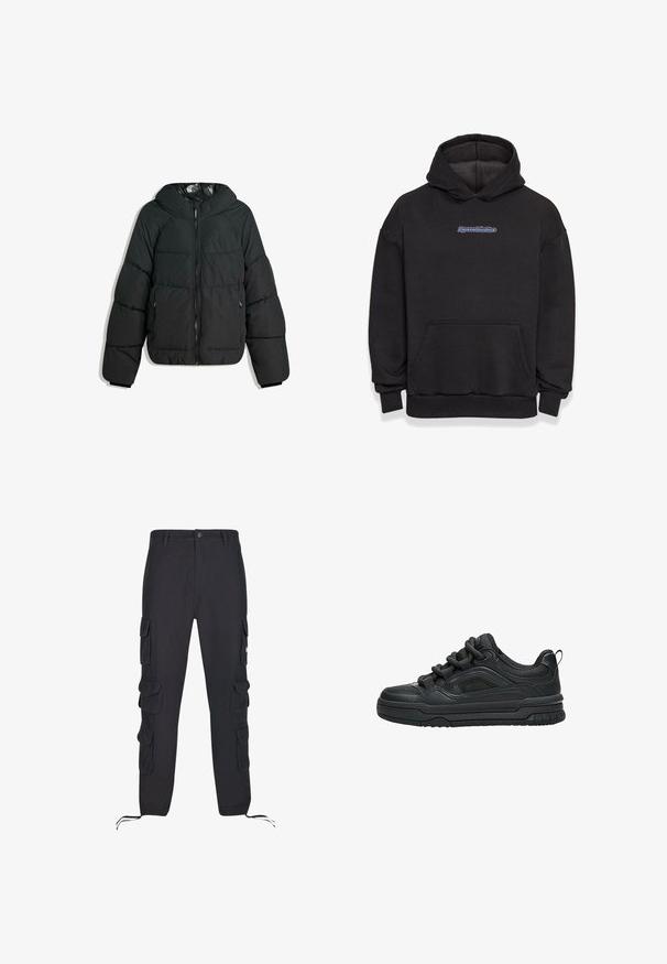 Veste noire rembourrée avec capuche, dotée d'un zip à l'avant, de poignets élastiques et d'une doublure intérieure lisse et brillante. Design matelassé pour l'isolation.; Sweatshirt à capuche noir en tissu en mélange de coton. Il comporte une poche frontale et un logo en bleu et rouge. Poignets et ourlet côtelés.; Pantalon cargo noir en coton, avec plusieurs poches latérales, des cordons de serrage élastiques aux poignets et une fermeture à bouton à la taille.; Baskets noires basses avec une semelle épaisse, un col rembourré, des panneaux en mesh et des lacets épais, affichées sur un fond blanc.