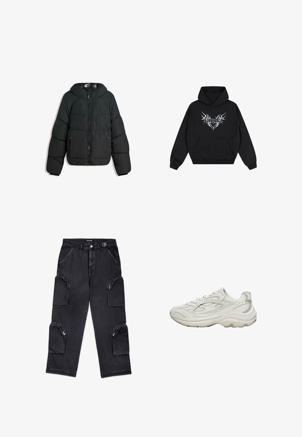 Puffige schwarze Jacke mit Kapuze, mit einem Reißverschluss vorne, elastischen Bündchen und einem glatten, glänzenden Innenfutter. Gestepptes Design für Isolierung.; Schwarzer Kapuzenpullover mit Fronttasche und weißem, eckigem Tribal-Design zentriert auf der Brust.; Schwarze Cargo-Hosen mit mehreren Reißverschluss-Taschen, einem Knopfverschluss und einem gewebten Etikett am Bund. Hergestellt aus Denim, mit einem geraden Bein-Design.; Weißer Sneaker mit strukturiertem Obermaterial und klobiger Sohle. Merkmale sind geschwungene Linien, dezente graue Akzente und ein Schnürdesign.