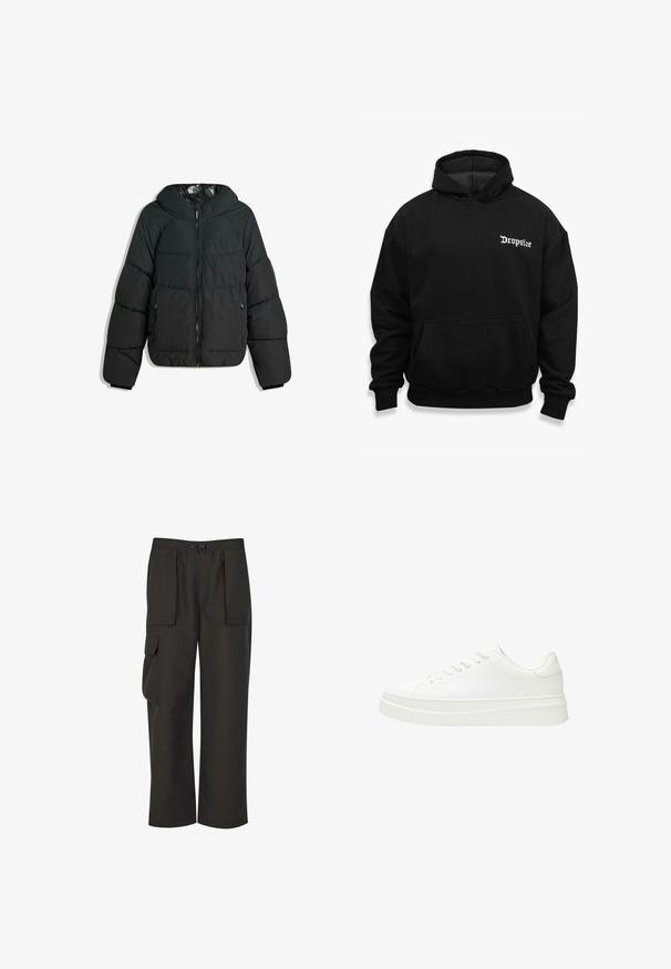Veste noire rembourrée avec capuche, dotée d'un zip à l'avant, de poignets élastiques et d'une doublure intérieure lisse et brillante. Design matelassé pour l'isolation.; Sweat à capuche noir avec poche kangourou, arborant le texte "Dropsize" en blanc sur la poitrine gauche, fabriqué en tissu doux avec des poignets côtelés.; Urban Classics TECHNICAL - Pantalon cargo - black; Baskets blanches avec une tige en cuir lisse, des lacets plats et une semelle en caoutchouc épaisse. Le design minimaliste présente des coutures discrètes et des accents sans couture.