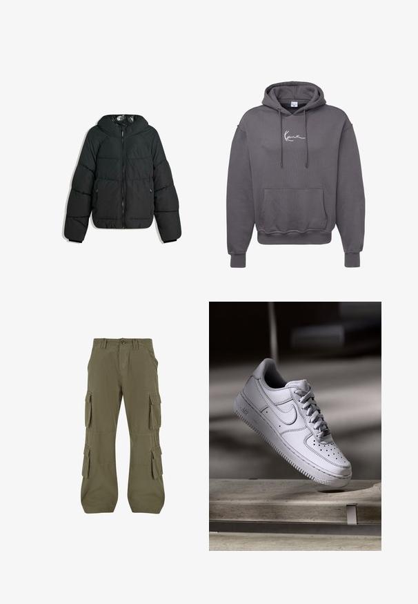 Puffige schwarze Jacke mit Kapuze, mit einem Reißverschluss vorne, elastischen Bündchen und einem glatten, glänzenden Innenfutter. Gestepptes Design für Isolierung.; Grauer Hoodie aus Baumwollmischung mit einer vorderen Tasche, Kordelzugkapuze, gerippten Bündchen und weißer Logo-Stickerei auf der Brust.; Cargo-Hosen in Olivgrün. Aus Baumwolle gefertigt, mit mehreren Seitentaschen, geradem Schnitt und sichtbaren Nahtdetails.; Weißer Nike Air Force 1 Sneaker aus Leder mit perforierter Zehenpartie, flachen Schnürsenkeln und strukturierter Gummisohle mit "AIR"-Branding an der Seite.