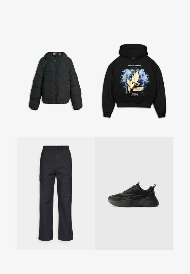 Veste noire rembourrée avec capuche, dotée d'un zip à l'avant, de poignets élastiques et d'une doublure intérieure lisse et brillante. Design matelassé pour l'isolation.; Sweat-shirt à capuche noir avec un imprimé graphique de colombes sur un fond bleu orageux avec des éclairs. Le texte indique "RÊVES VINTAGE."; Pantalons cargo noirs avec une coupe droite, dotés de poches latérales et d'un tissu texturé. Fermeture par bouton à la taille pour un maintien sécurisé.; Des chaussures de sport noires avec une semelle arrondie, une tige texturée et un col rembourré. Elles disposent de lacets, d'une languette et d'éléments de design superposés.