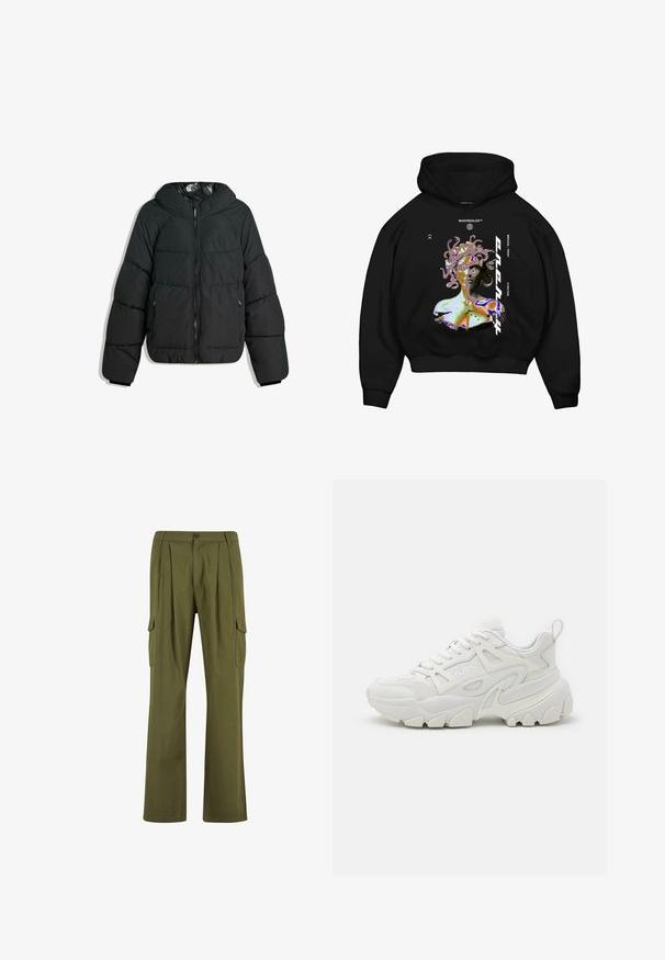 Veste noire rembourrée avec capuche, dotée d'un zip à l'avant, de poignets élastiques et d'une doublure intérieure lisse et brillante. Design matelassé pour l'isolation.; Sweatshirt à capuche noire avec un graphique multicolore représentant une figure semblable à Méduse, avec un texte bien visible et une poche kangourou à l'avant.; Urban Classics WIDE - Pantalon cargo - lightolive; Des baskets de sport blanches avec une tige texturée, des panneaux en maille, une semelle en caoutchouc proéminente et des découpes décoratives sur les côtés.