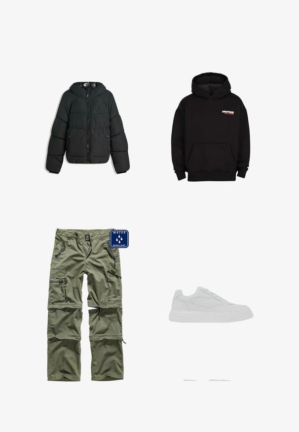 Puffet sort jakke med hætte, med lynlås foran, elastiske manchetter og en glat, blank inderside. Kviltet design for isolering.; Sort hættejakke med frontlomme og teksten "DROPSIZE No Limits" i hvid og rød på venstre bryst, vist på en hvid baggrund.; Grønne vandafvisende cargo-bukser med flere lynlåslommer, justerbare manchetter og et slidstærkt stof. Har et logo-patch på fronten.; Hvid lavtop-sneaker med snørelukning, glat læderoverdel og tyk gummisål, vist fra ydersiden.