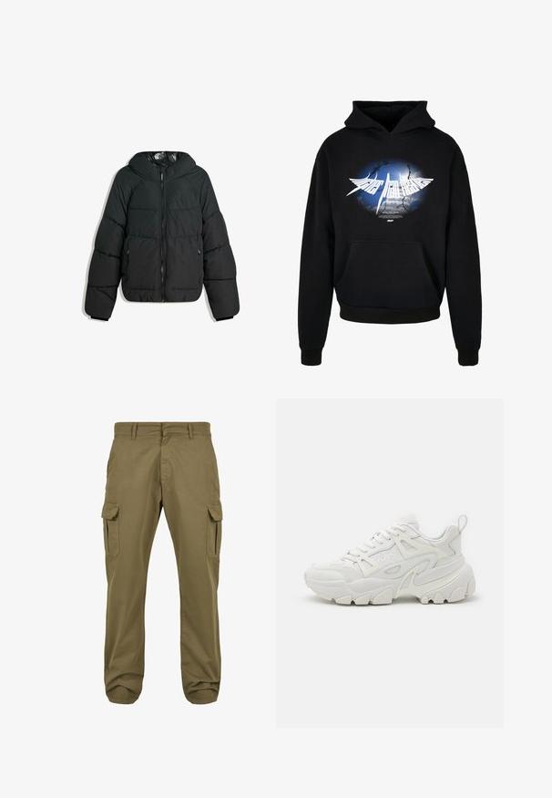 Veste noire rembourrée avec capuche, dotée d'un zip à l'avant, de poignets élastiques et d'une doublure intérieure lisse et brillante. Design matelassé pour l'isolation.; Sweat à capuche noir en mélange de coton, avec un grand motif graphique sur fond bleu et texte blanc. Comprend une poche avant et des poignets côtelés.; Pantalons cargo verts avec une coupe droite, en coton, dotés de poches latérales et d'une fermeture à bouton pour plus de fonctionnalité. Texture lisse, design décontracté.; Des baskets de sport blanches avec une tige texturée, des panneaux en maille, une semelle en caoutchouc proéminente et des découpes décoratives sur les côtés.