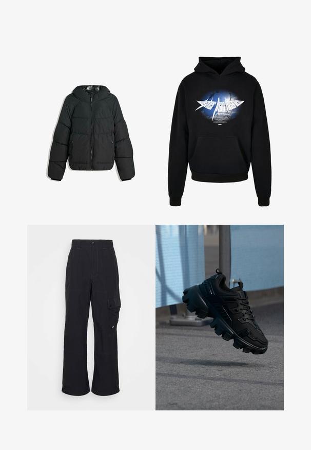 Puffige schwarze Jacke mit Kapuze, mit einem Reißverschluss vorne, elastischen Bündchen und einem glatten, glänzenden Innenfutter. Gestepptes Design für Isolierung.; Schwarzer Hoodie aus Baumwollmischung mit einem großen Grafikdruck auf blauem Hintergrund und weißem Text. Inklusive einer Fronttasche und gerippten Bündchen.; Schwarze Cargo-Hosen aus strukturiertem Stoff, mit weiter Beinform, sichtbaren Nähten und einer seitlichen Tasche mit Druckknopfverschluss.; Schwarzer klobiger Sneaker mit dicker Profilsohle, der über einem grauen Gehweg schwebt, vor einem verschwommenen hellblau-grauen Hintergrund.