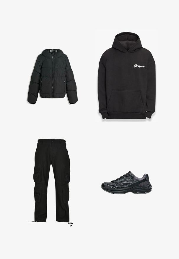 Puffige schwarze Jacke mit Kapuze, mit einem Reißverschluss vorne, elastischen Bündchen und einem glatten, glänzenden Innenfutter. Gestepptes Design für Isolierung.; Schwarzer Kapuzenpullover aus weichem Material. Mit einer vorderen Tasche, gerippten Bündchen und dem weißen "Dropsize"-Logo auf der linken Brust.; Schwarze Cargo-Hosen aus strapazierfähigem Material, mit mehreren Seitentaschen, lässiger Passform und verstellbaren Fußgelenkriemen.; Schwarzer Sportschuh mit Netzpaneelen, Gummisohle, Schnürdesign und reflektierenden Akzenten. Gewölbte Form mit strukturierten Überzügen.