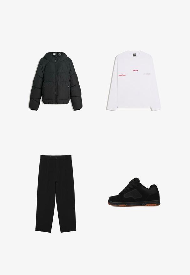 Puffige schwarze Jacke mit Kapuze, mit einem Reißverschluss vorne, elastischen Bündchen und einem glatten, glänzenden Innenfutter. Gestepptes Design für Isolierung.; Weißes Langarmshirt mit rotem Text "out of core" auf der linken Seite und "uniqueness for everyone" auf der rechten Seite sowie einem roten Wirbel-Logo in der Mitte.; Schwarze, weit geschnittene Hose mit Gürtelschlaufen, vorderer Knopfleiste und plissiertem Design, vor weißem Hintergrund dargestellt.; Schwarze Wildledersneaker mit Netzpaneelen, Gummisohle, runder Zehenpartie und schwarzen Schnürsenkeln. Verfügt über ein niedriges Design und strukturierte Akzente.