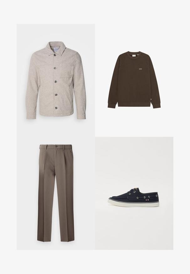 Lindbergh Let jakke / Sommerjakker - dark sand melange; Mørkebrun sweatshirt med rund halsudskæring og lange ærmer samt lille beige "LES DEUX" logo på venstre bryst.; Brune skræddersyede bukser med indlæg, der har knaplukning, bæltestropper og en glat, vævet tekstur. Klassisk design med lige ben.; Marine lærred bådsko med hvid gummisål, snørret design, metaløje og en lille multistribet accent på siden.