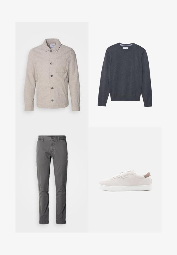 Lindbergh Let jakke / Sommerjakker - dark sand melange; Grå strikket sweater med rund hals, lange ærmer og ribbede manchetter. Har en subtil tekstur og et mærke ved halsudskæringen.; Slim-fit grå bomuldsbukser med knaplukning, sidelommer og en glat tekstur. Har et klassisk design og skræddersyet silhuet.; Lyserød ruskindsneakers med hvid gummisål, der har et syet design og en lille logodetalje på siden og på baghæl.