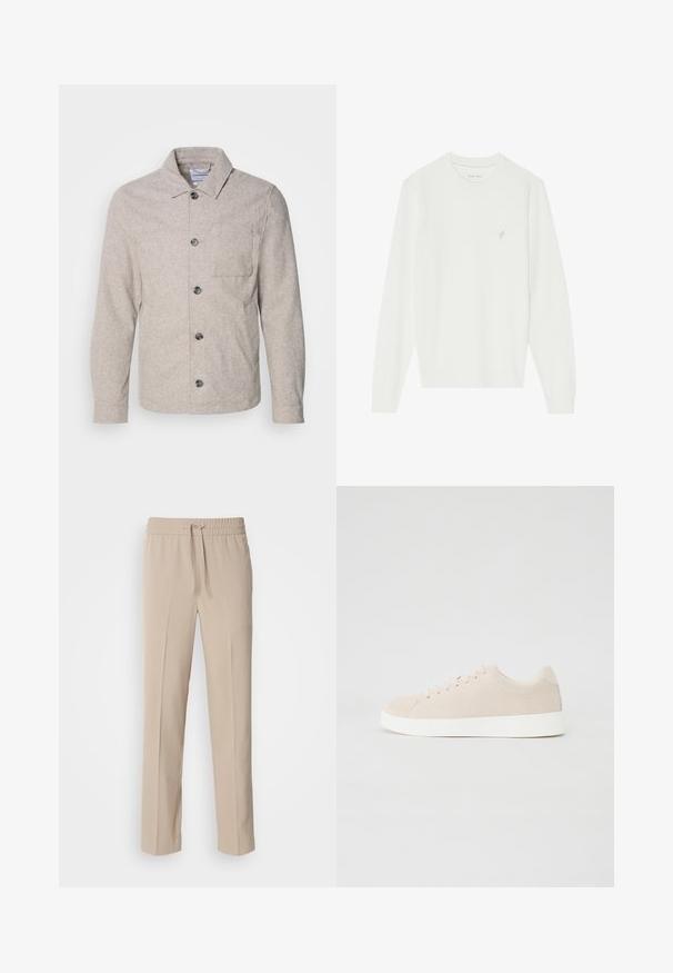 Lindbergh Veste légère - dark sand melange; Pull blanc à manches longues en maille douce. Il présente un col rond et un petit motif d'oiseau brodé sur le côté gauche de la poitrine.; Pantalons beiges, coupe décontractée, fabriqués en tissu doux, dotés d'une taille élastique avec cordon de serrage et de jambes droites avec des accents minimalistes.; Baskets en daim beige avec semelles en caoutchouc blanc, bout rond et six œillets pour les lacets. Texture lisse avec un design minimaliste.