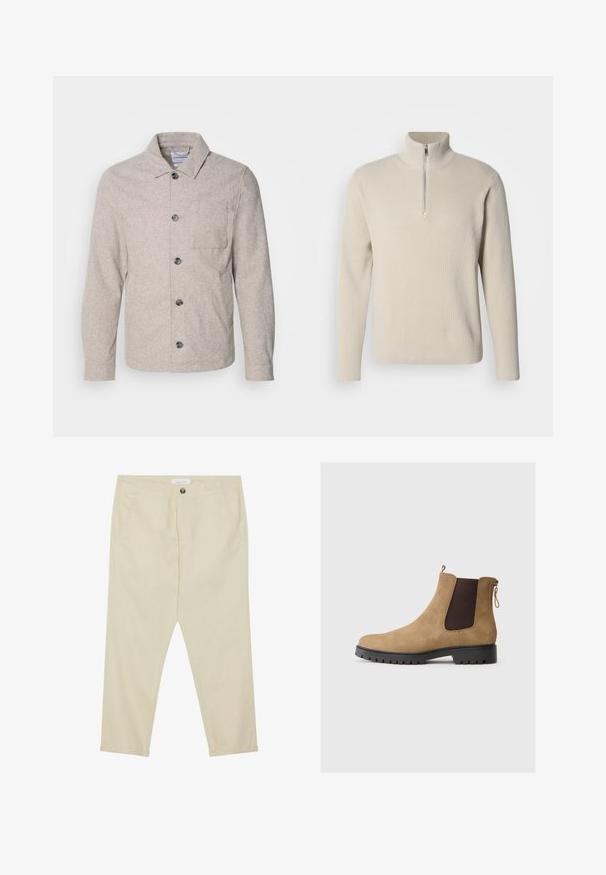 Lindbergh Chaqueta fina - dark sand melange; Jersey ajustado color crema con cuello alto y cierre de media cremallera. Confeccionado con tejido texturizado, cuenta con mangas largas y un corte relajado.; Pantalones de algodón beige de corte recto, con bolsillos delanteros y cierre de un solo botón. De longitud hasta los tobillos y con una textura suave.; Botín de ante marrón claro con puntera redondeada, paneles laterales elásticos, una lengüeta en la parte trasera y una suela de goma texturizada para mayor tracción.