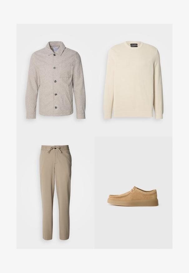 Lindbergh Veste légère - dark sand melange; Pull en maille beige clair avec col rond, manches longues et un motif texturé subtil. Il comporte un emblème sur la poitrine et un ourlet côtelé.; Pantalon beige en tissu doux, doté d'une taille à cordon de serrage et d'une coupe décontractée, avec des jambes droites et sans poches visibles.; Chaussures en daim à lacets de couleur beige clair avec un bout arrondi, un motif de couture et une semelle en caoutchouc plate, présentant une texture lisse.