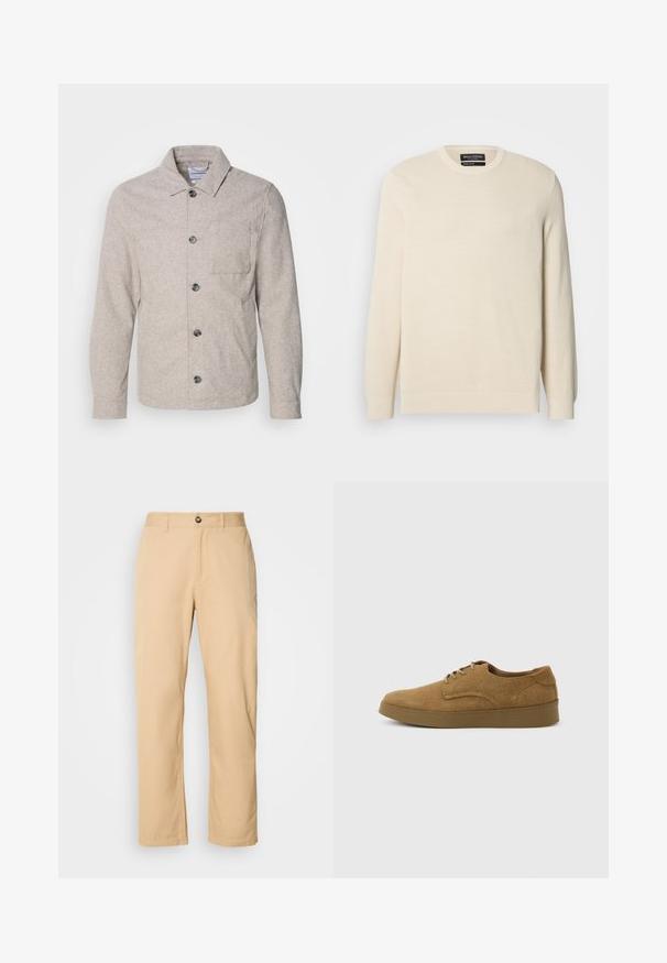 Lindbergh Chaqueta fina - dark sand melange; Suéter tejido color beige claro con cuello redondo, mangas largas y un patrón texturizado sutil. Cuenta con un emblema en el pecho y dobladillo acanalado.; Pantalones de algodón khaki con un diseño de pierna recta, que cuentan con un cierre de botón en la parte frontal y lazos para el cinturón. Textura suave y superficie lisa.; Zapato casual marrón de ante con cordones y suela de goma plana, visto de lado sobre un fondo claro y liso.
