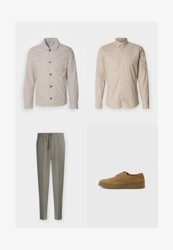 Lindbergh Leichte Jacke - dark sand melange; Beige Langarm-Hemd mit Knopfleiste und einem Button-Down-Kragen sowie einer taillierten Passform, auf neutralem Hintergrund präsentiert.; Hellgraue Herren-Anzugshosen mit schmal zulaufenden Beinen und einem elastischen Bund mit vorderem Kordelzug.; Brauner Wildleder-Schnürschuh für den Alltag mit flacher Gummisohle, von der Seite auf hellem, einfachem Hintergrund gesehen.