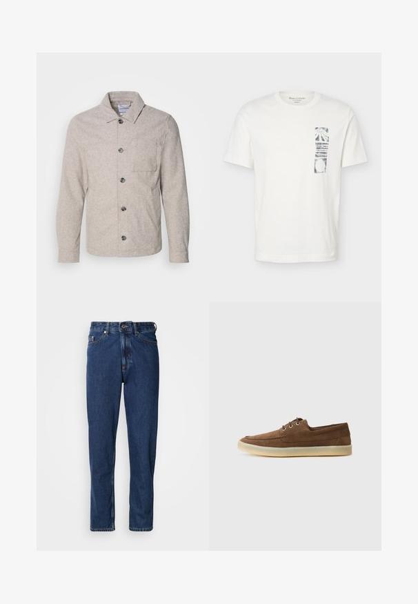 Lindbergh Καλοκαιρινό μπουφάν - dark sand melange; Λευκό T-shirt με κοντό μανίκι και στρογγυλή λαιμόκοψη, με μαύρο αφηρημένο ορθογώνιο σχέδιο στην αριστερή πλευρά του στήθους.; Σκούρο μπλε τζιν από ντένιμ, με σχέδιο ίσιας γραμμής στο πόδι, πεντάτσεπη στυλ και εμφανείς ραφές κατά μήκος των ραφών.; Καφέ σουέτ παπούτσια με χαμηλό προφίλ, σχέδιο με κορδόνια, καουτσούκ σόλα και αντιθέτου ραφές λεπτομέρειες. Απλή και λειτουργική στυλ.