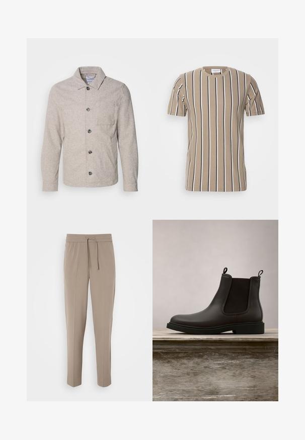 Lindbergh Let jakke / Sommerjakker - dark sand melange; Beige bomulds t-shirt med horisontale striber i mørkebrun og hvid, rund hals og korte ærmer. Blød tekstur og afslappet design.; Lys beige bukser med elastisk talje, justerbar snor og tapered ben. Stoffet ser glat ud med en let glans.; Sort læder Chelsea-støvle med elastiske sidepaneler og stropper svævende over en træbænk udendørs med græs som baggrund.
