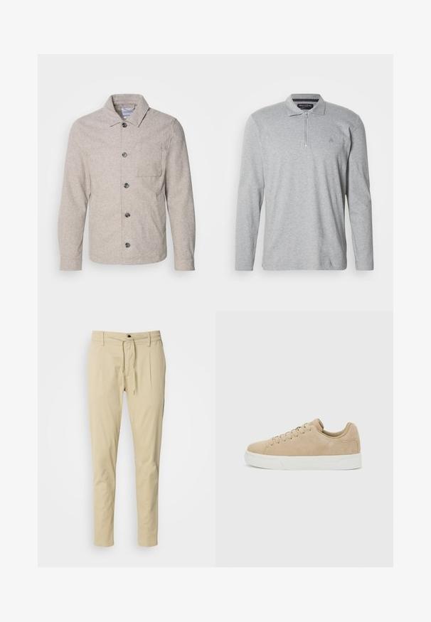 Lindbergh Chaqueta fina - dark sand melange; Polo de manga larga en color gris, confeccionado en tela suave, con cierre de media cremallera, cuello clásico y un pequeño logo en el pecho.; Pantalones beige de corte ajustado, hechos de una mezcla de algodón. Cintura elástica con cordón, dos pliegues frontales y patas rectas.; Zapatilla baja de ante beige con cierre de cordones y suela de goma blanca sobre un fondo gris claro.