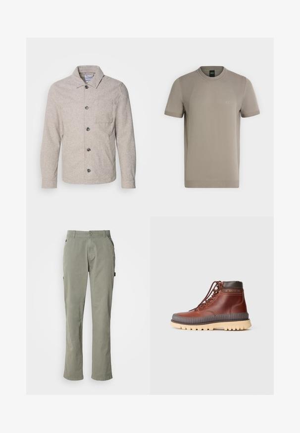 Lindbergh Chaqueta fina - dark sand melange; Camiseta de punto beige de manga corta con cuello redondo, con sutiles paneles laterales texturizados y pequeño logo "BOSS" en el pecho izquierdo.; Pantalones de algodón verde claro con corte recto, que incluyen bolsillos frontales, cierre de botón y una cinturilla con presillas para el cinturón.; Botas altas de cuero marrón con ojales metálicos, acentos marrones, suela de goma gruesa y entresuela acanalada para tracción.