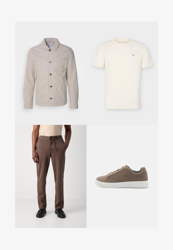 Lindbergh Leichte Jacke - dark sand melange; Schlichtes off-white Kurzarm-T-Shirt mit Rundhalsausschnitt und kleinem "Scotch & Soda"-Logo auf der oberen linken Brust.; Mann trägt braune Hose mit Kordelzug und schwarze Schuhe, steht vor einem schlichten weißen Hintergrund.; Braune Wildledersneaker mit flachen weißen Gummisohlen, Schnürdesign, abgerundete Zehen und einer glatten Textur. Minimalistischer Stil mit dezenten Nähdetails.