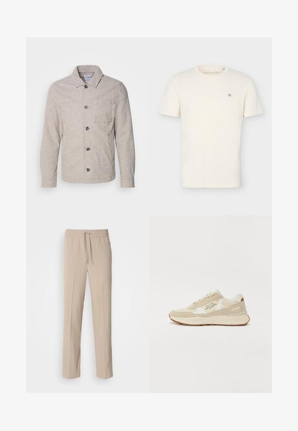 Lindbergh Chaqueta fina - dark sand melange; Camiseta lisa de manga corta de color blanco hueso con cuello redondo y pequeño logo "Scotch & Soda" en la parte superior izquierda del pecho.; Pantalones beige de corte relajado, hechos de una tela suave, con una cinturilla elástica y cordón ajustable, y piernas rectas con acentos mínimos.; Zapatilla beige con materiales de ante y malla, cuello acolchado, cordones planos y suela de goma. Presenta un logo blanco en el costado.