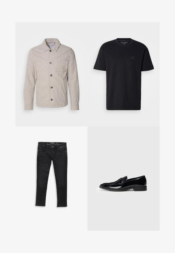 Lindbergh Suvejakk - dark sand melange; Must tume must-sleeve t-särk mustast puuvillast, ümar kaelusega ja tekstuuriga must logo lapiga rinnal. Sile, kerge kangas.; Mustadest denimist püksid regulaarse lõikega, varustatud tõmbluku ja nööbiga, viie taskuga. Sile tekstuur ja klassikaline disain.; Must mustrakk nahkkinga, millel on sujuv disain, ümar varvas ja ülevalt õmmeldud detail. Madal konts ja sile tekstuur.