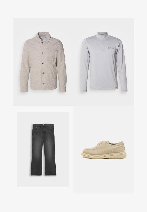Lindbergh Chaqueta fina - dark sand melange; Sudadera de manga larga, de color gris claro, con cremallera y tejido texturizado. Presenta un logo azul de Calvin Klein en el pecho. Diseño simple y atlético.; Pantalones vaqueros flare de mezclilla negra con un acabado deslavado, que cuentan con un cierre frontal con botones, trabillas para cinturón y dos bolsillos laterales.; Zapatos de ante beige con cordones, de punta redonda, suela texturizada y detalles cosidos, que cuentan con una plataforma acolchada para mayor comodidad.