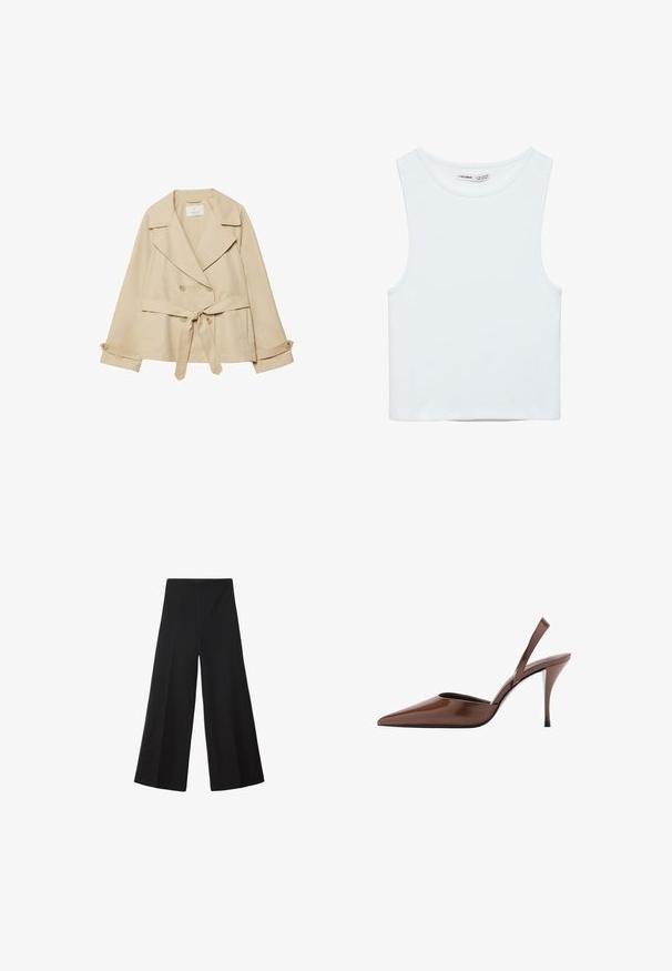 Manteau trench beige avec un design enveloppant, des boutons double boutonnage, des larges revers, une ceinture à la taille et des manches retroussables avec des accents de boutons.; Crop top blanc sans manches avec col rond, en tissu lisse, étiqueté Pull&Bear, adapté pour un usage décontracté.; Pantalon noir à jambes larges en tissu lisse, avec une taille haute et des plis avant pour plus de volume. Aucune fermeture ni poche visible.; Mocassin slingback en cuir verni brun avec un bout pointu et un talon aiguille. Présente un talon fin et un design minimaliste.
