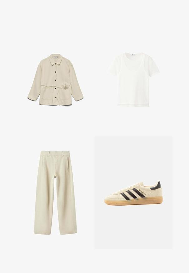 Veste beige à boutons avec col, deux poches avant, une ceinture à la taille, et un détail de fleur en tissu sur le côté droit.; T-shirt blanc à manches courtes superposé avec un col rond et un tissu légèrement transparent, présenté sur un fond blanc uni.; Pantalon beige à jambes larges avec poches latérales, passants de ceinture et coutures visibles, présenté à plat sur fond blanc.; Baskets en daim crème avec des rayures noires, semelle en gomme, languette noire au talon et texte doré "SPEZIAL" sur le côté.