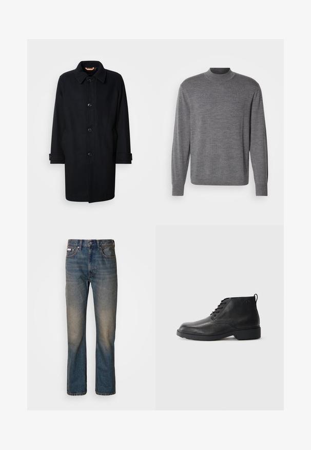 Sort uldfrakke med klassisk design, knaplukning, spidse krave og justerbare manchetter. Glat tekstur, knælang silhuet.; Grå langærmet sweater lavet af strikket materiale, med en høj hals og et subtilt logo på brystet. Glat tekstur og tætsiddende design.; Højtaljede blå jeans lavet af denim, med et lige ben-design, falmede slidte lapper og traditionel fem-lomme stil.; Sorte læderstøvler med en tekstureret finish, rund tå, snørebånd foran og en robust gummisål. Har en lille træksløjfe bagpå.