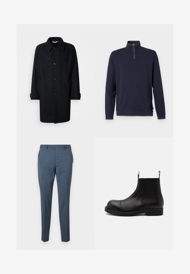 Sort uldfrakke med klassisk design, knaplukning, spidse krave og justerbare manchetter. Glat tekstur, knælang silhuet.; Marineblå sweatshirt med høj krave og halvlukning med lynlås. Har en flerfarvet stribet kant rundt om halsen og kanten. Blødt bomuldsblandet stof.; Skræddersyede bukser i et lyseblåt stof med en subtil tekstur. Har et lige ben-design og flad front. Inkluderer bælteløkker.; Sort læder Chelsea-støvle med rund tå, elastiske sidepaneler, stropper foran og bagpå, flad sål, vist fra siden på hvid baggrund.