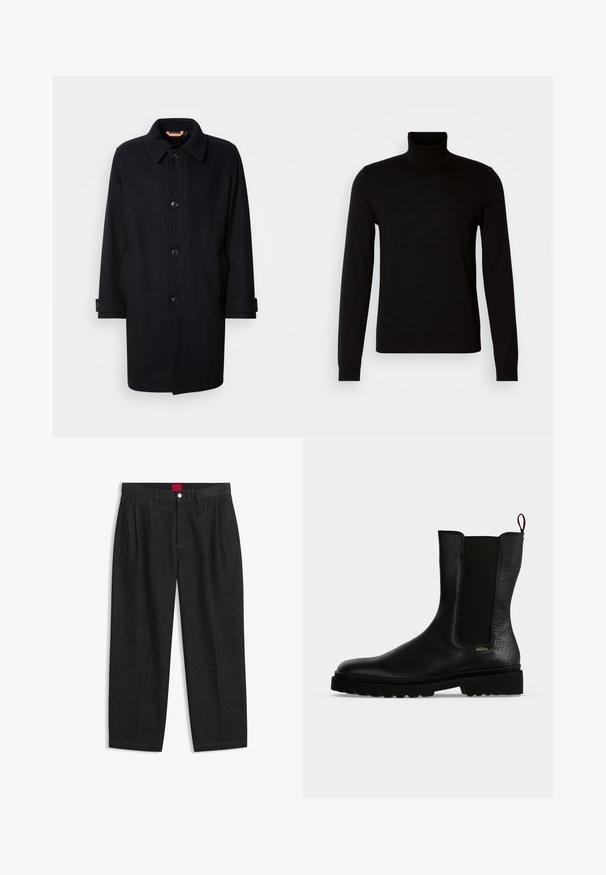 Abrigo de lana negro con un diseño clásico, cierre de botones, cuello tipo point y puños ajustables. Textura suave, silueta a la altura de la rodilla.; Suéter negro de cuello alto confeccionado en un tejido de punto fino, con mangas largas y una silueta ajustada. Textura suave con puños acanalados.; Pantalones negros de talle alto con pliegues delanteros, trabillas para cinturón, cierre con botón y cremallera, y una etiqueta roja en el interior de la cintura.; Botín negro de cuero con panel lateral elástico, suela gruesa y lengüeta en la parte trasera, con un pequeño logo dorado "Hugo" cerca del talón.