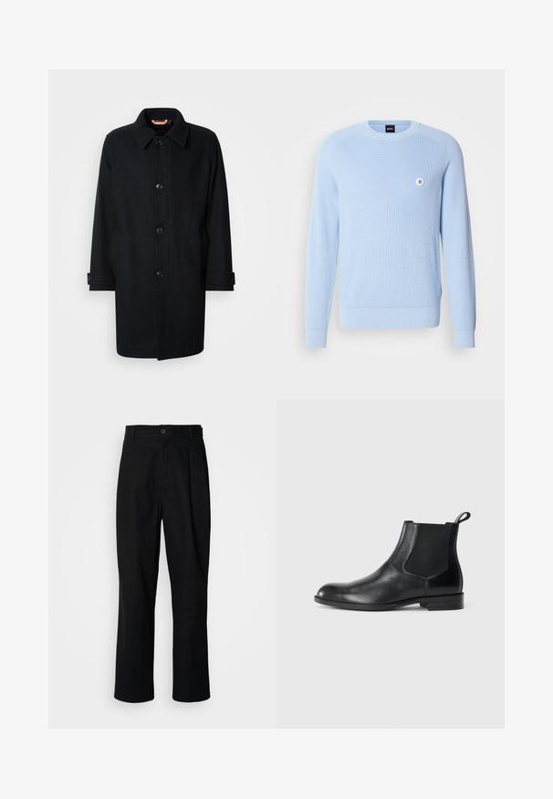 Sort uldfrakke med klassisk design, knaplukning, spidse krave og justerbare manchetter. Glat tekstur, knælang silhuet.; Lyseblå ribstrikket sweater med rund halsudskæring, lange ærmer og et lille logodetalje på brystet. Blød tekstur, almindelig pasform.; Sorte lige ben bukser med en knaplukket talje, bæltestropper og en frontfold, præsenteret mod en ensfarvet hvid baggrund.; Sorte læder ankelstøvler med elastiske sidepaneler, rund tå og en trækloft. Glat tekstur, flad sål, minimalistisk design.
