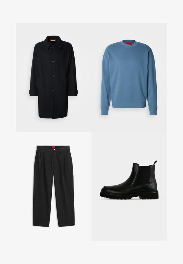 Abrigo de lana negro con un diseño clásico, cierre de botones, cuello tipo point y puños ajustables. Textura suave, silueta a la altura de la rodilla.; Sudadera azul claro hecha de material suave, con escote redondo, mangas largas y un detalle sutil del logotipo en el pecho.; Pantalones negros de talle alto con pliegues delanteros, trabillas para cinturón, cierre con botón y cremallera, y una etiqueta roja en el interior de la cintura.; Bota negra de cuero hasta el tobillo con suela texturizada, paneles laterales elásticos y pestaña de tirador sobre fondo gris claro.