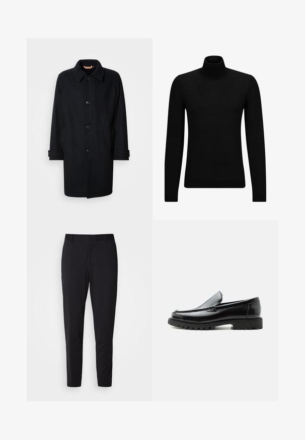 Sort uldfrakke med klassisk design, knaplukning, spidse krave og justerbare manchetter. Glat tekstur, knælang silhuet.; Sort turtleneck sweater lavet af blødt materiale, med lange ærmer og en tætsiddende pasform. Ribbet trim ved kanten og manchetter. Simpelt design.; Sorte bukser med struktureret stof, der har en lige pasform, standard talje med en knap og sidelommer.; Sort læderloafer med chunky gummisål, syet overdel og præget mærkenavn på hælen, vist i sideprofil på hvid baggrund.