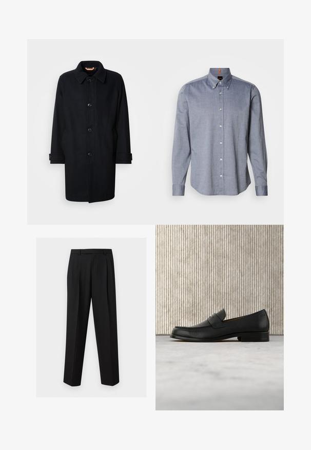 Sort uldfrakke med klassisk design, knaplukning, spidse krave og justerbare manchetter. Glat tekstur, knælang silhuet.; Blå ternet skjorte med knapper, krave, lange ærmer og hvide knapper. Har en vævet tekstur og orange accenter ved kraven.; Sorte skræddersyede bukser med lige ben, plisseringer ved taljen, bæltestropper og sidelommer med slidser, vist på en enkel baggrund.; Sort lædersko i loafer-stil svæver over et beige tæppe med et blankt brunt rundt bord i baggrunden.