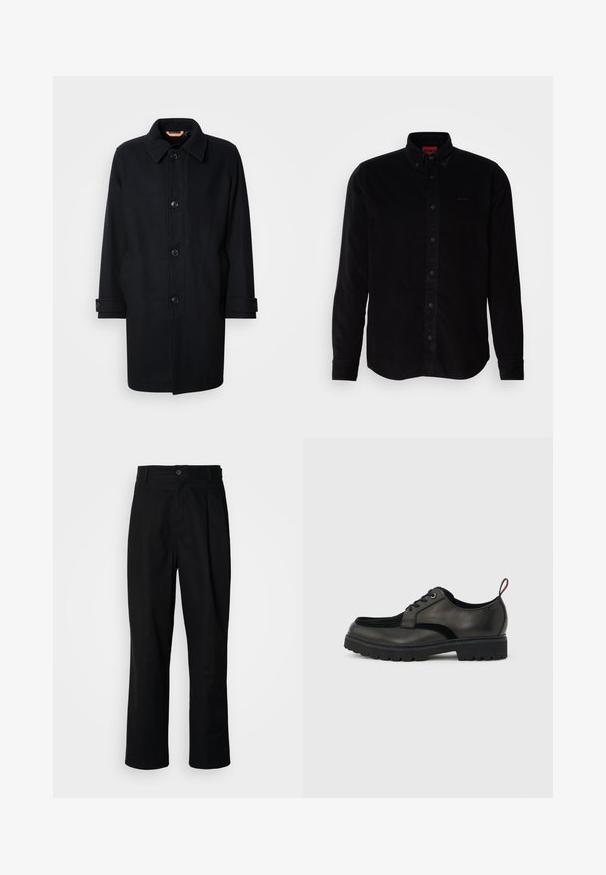 Sort uldfrakke med klassisk design, knaplukning, spidse krave og justerbare manchetter. Glat tekstur, knælang silhuet.; Sort corduroy skjorte med lange ærmer, krave med knapper og et subtilt logo broderet på brystet. Klassisk pasform med en struktureret overflade.; Sorte lige ben bukser med en knaplukket talje, bæltestropper og en frontfold, præsenteret mod en ensfarvet hvid baggrund.; Sort læder snøresko med tyk slidbanesål og rød hælestropp, vist i sideprofil på en lysegrå baggrund.
