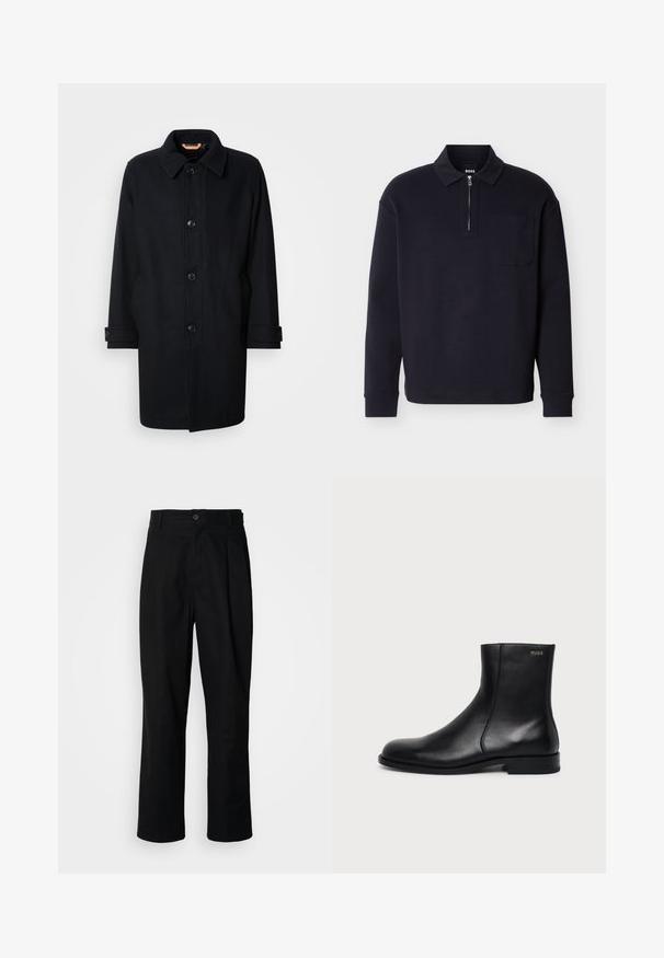 Abrigo de lana negro con un diseño clásico, cierre de botones, cuello tipo point y puños ajustables. Textura suave, silueta a la altura de la rodilla.; Polo de manga larga negro hecho de tela suave, con cuello con cremallera, un bolsillo en el pecho y un diseño clásico de cuello.; Pantalones rectos negros con cintura con botones, trabillas para cinturón y pliegue frontal, exhibidos sobre un fondo blanco liso.; Botín negro de cuero con tacón bajo, costura lateral y pequeño logo "HUGO" en el puño superior sobre un fondo liso.