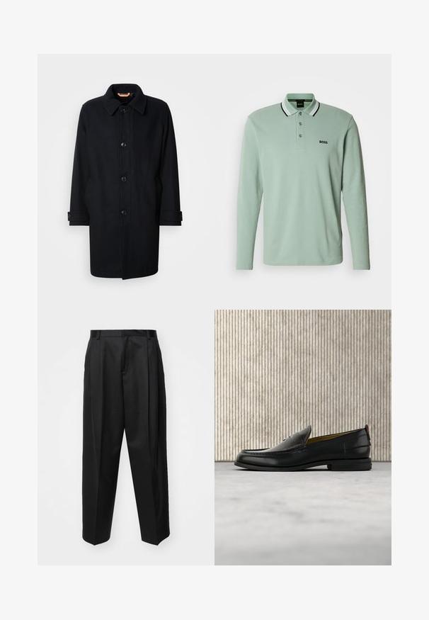Abrigo de lana negro con un diseño clásico, cierre de botones, cuello tipo point y puños ajustables. Textura suave, silueta a la altura de la rodilla.; Polo de manga larga en algodón verde claro, con un cuello a rayas en blanco y negro y un pequeño logo negro "BOSS" en el pecho.; Pantalones negros ajustados con cintura alta, perneras anchas y pliegues marcados. Fabricados en un tejido suave con trabillas para el cinturón y sin hardware visible.; Mocasín de cuero negro para hombre con empeine grabado en relieve de cocodrilo y tacón bajo, mostrado de perfil sobre un fondo neutro.