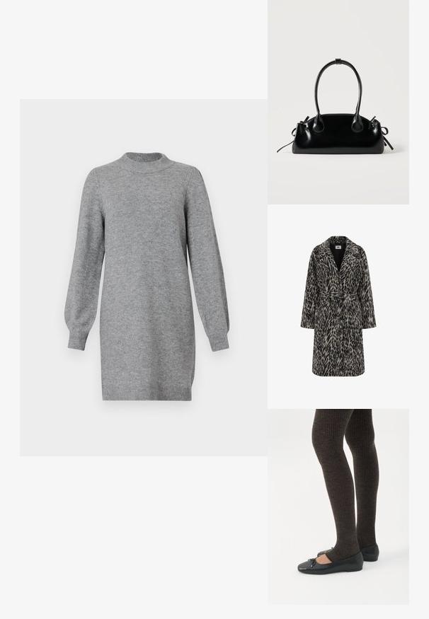 Leopardprint frakke i dæmpet beige og sort. Har et notch-krave, lange ærmer, bælte i taljen og knaplukning foran.; Langærmet, lysegrå strikket kjole med ribbede mansjetter, krave og kant, præsenteret mod en hvid baggrund.; Ben iført mørke ribbede leggings kombineret med sorte balletsko med små sløjfedetaljer på hvid baggrund.; Lille sort blank håndtaske med to lange håndtag og snøre-detaljer i siden på en ensfarvet lys baggrund.